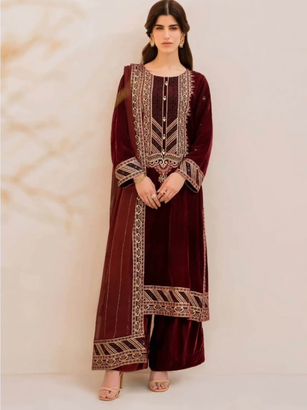 Embroidered Velvet Ethnic Set in Deep Wine